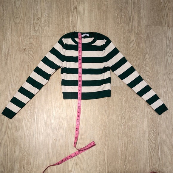 Zara Long Sleeve Green White Striped Crop Crew Neck Stretch Knit Sweater Size S - Picture 6 of 7